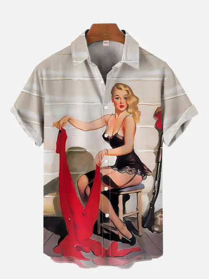 1980s Vintage Pin Up Girl Poster Sexy Girls Blonde Beauty 3D Prints Men's Short Sleeved Shirts For Men Fashion Hawaiian Shirt