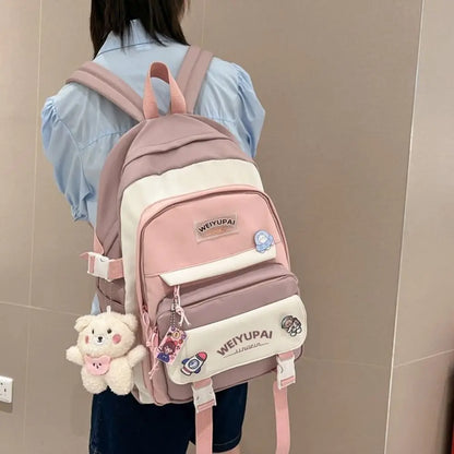 Portable Ins Students School Bags Large Capacity Bear High School Backpacks Multi Pockets Cartoon Teenage Shoulder Bags Girl