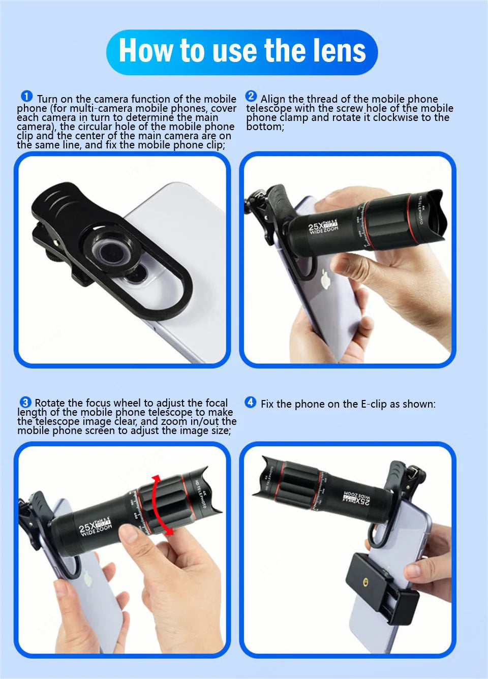 25X Phone Telephoto Lens Kit Phone Holder Portable Tripod Stabilizer Highpower Zoom Concerts Contest Outdoor Observation Animal