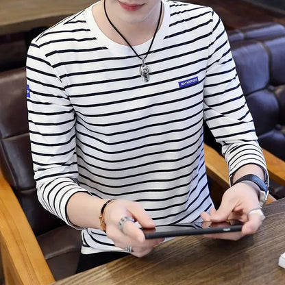 T Shirts for Men Stripe Tops Red Cotton Male Clothes Round Neck Harajuku Fashion Sale High Brand Regular Fit It Full Sleeve Tee