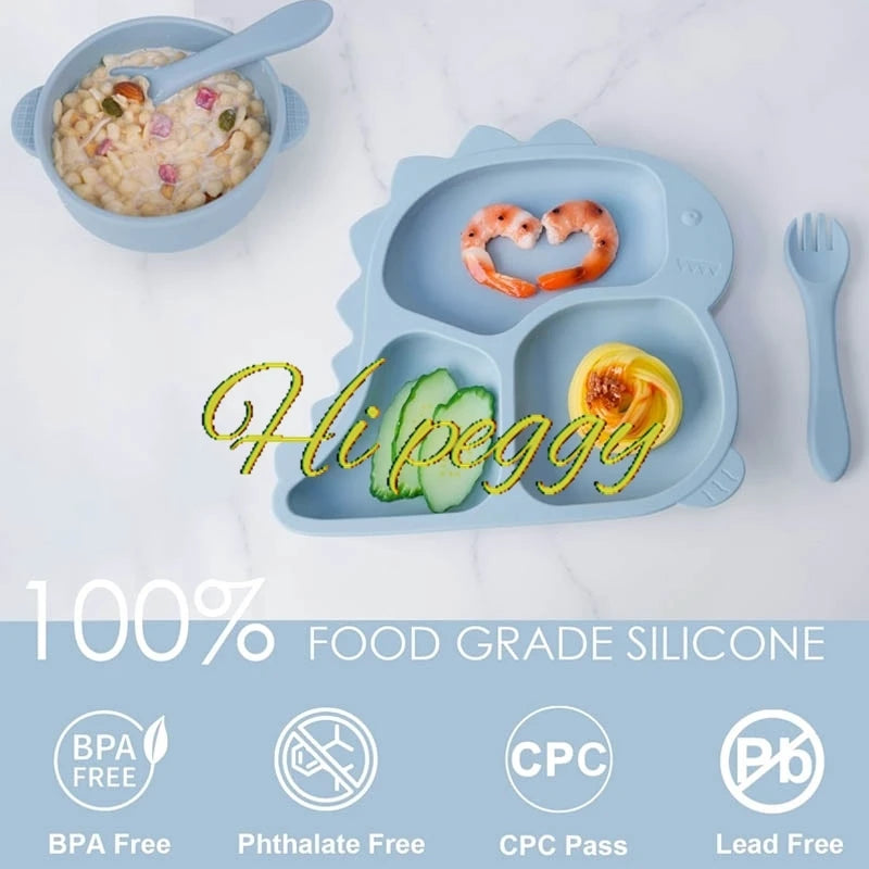 Baby Silicone Tableware Dinosaur Plate Dishes For Kids Personalized Name Baby Feeding Sets Fruit Feeder Baby Led Weaning Supplie
