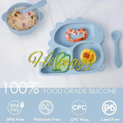 Baby Silicone Tableware Dinosaur Plate Dishes For Kids Personalized Name Baby Feeding Sets Fruit Feeder Baby Led Weaning Supplie