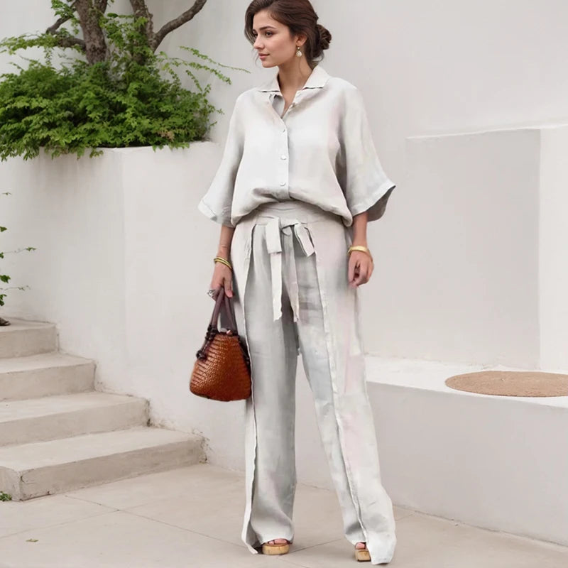 Office Lady Shirt Pants Two Piece Set Casual Single Breasted Three-quarter Sleeves Top And Belt Irregular Wide Leg Trousers Suit