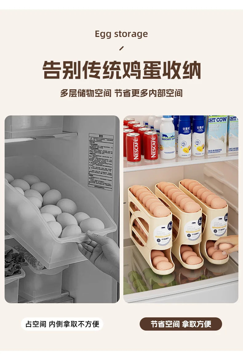 Large Capacity 30 Eggs Holder for Fridge Auto Rolling Egg Organizer, Space-Saving, 4 Tiers Fridge Egg Rack Eggs Dispenser