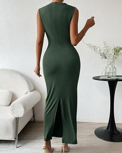 Women's Ruched Bodycon Dress Summer Casual Sleeveless Back Slit Elegant Club Evening Party Cocktail Maxi Dresses