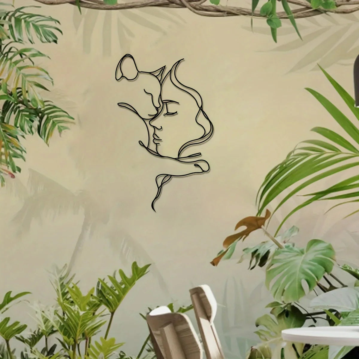 Elegant Cat and Woman Metal Wall Art - Minimalist Black Silhouette, Ideal for Cat Lovers & Sophisticated Home Décor