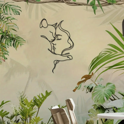 Elegant Cat and Woman Metal Wall Art - Minimalist Black Silhouette, Ideal for Cat Lovers & Sophisticated Home Décor