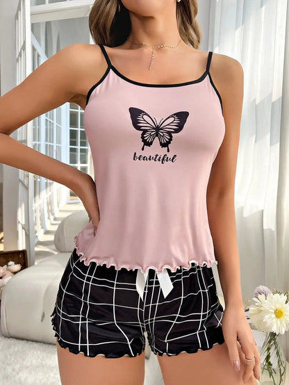 Summer Pajamas Women's Printed Suspenders Elastic Shorts Two-Piece Suit Comfortable Home Leisure Sexy Ladies Pajamas Homewear