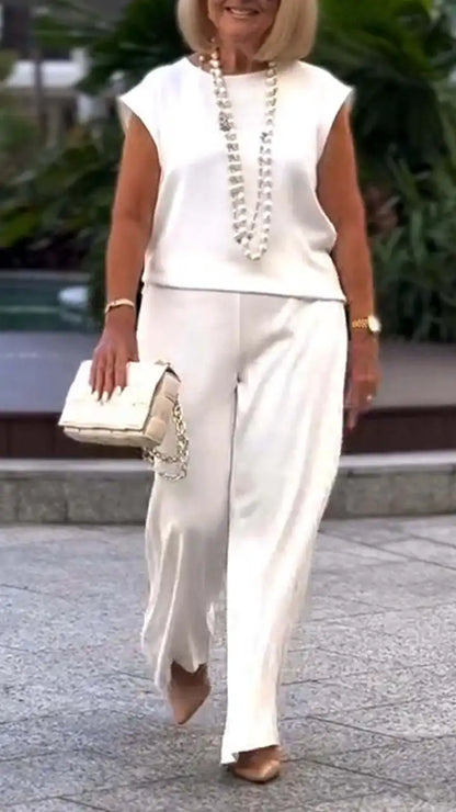 Elegant Women 2-piece Office Set 2025 Group Of Pant Outfit Ladies Temperament Sleeveless O-Neck Blouse Tops&Wide Leg Pants Suit