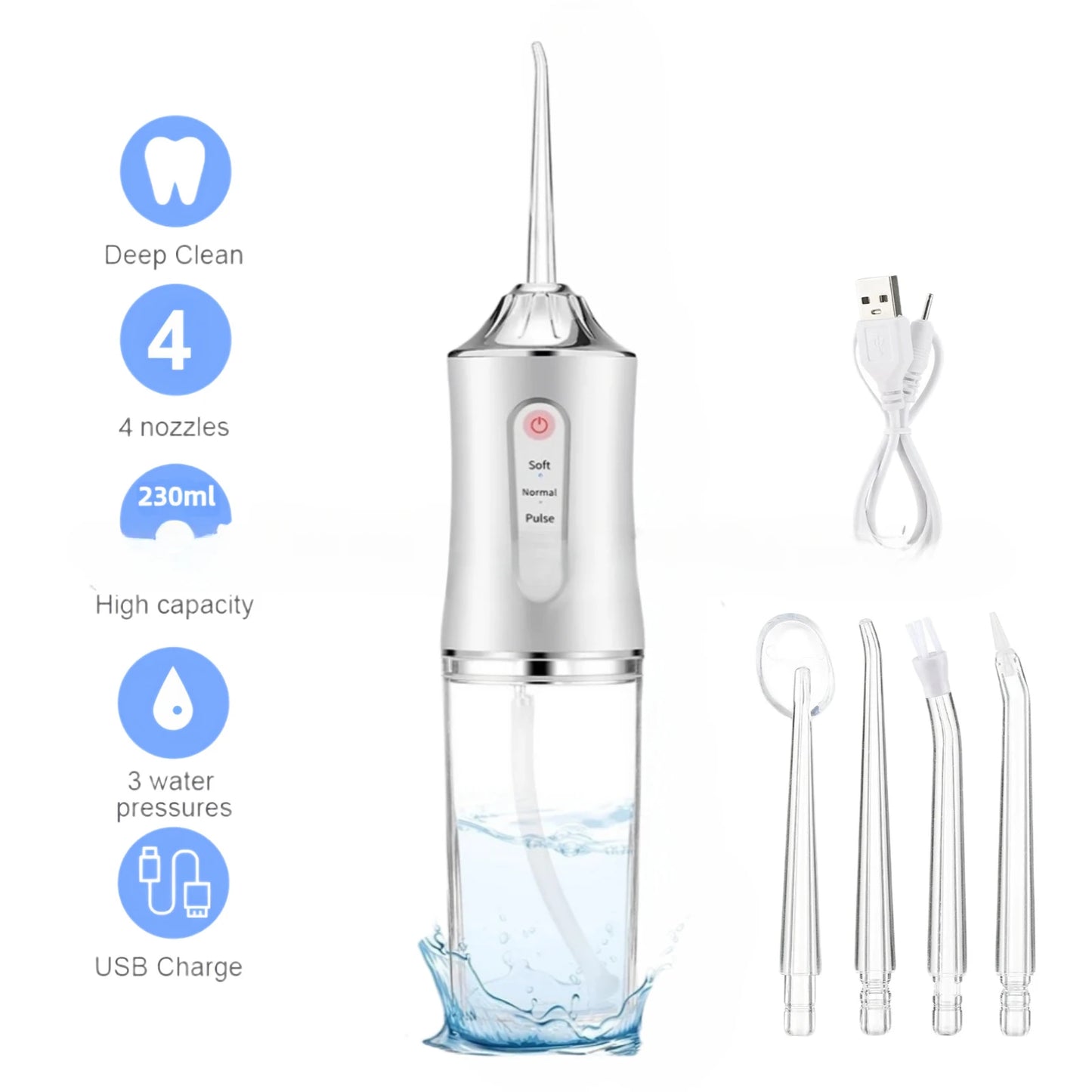 Oral Irrigator Portable Teeth Irrigator USB Rechargeable Waterproof Teeth Scrubber 3 Modes Clean Teeth Suitable Children Adults