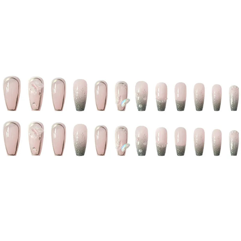 24Pcs Press on Nails Long with Designs Pink Rhinestones False Fake Nails Press On Coffin Artificial Nails for Women Stick on