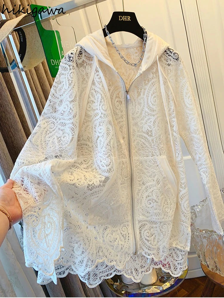 Oversized Tops Temperament Coat Women's Clothing Hooded Lace Hollow Out Outwear 2025 Ropa Mujer Casual Summer Fashion Jackets
