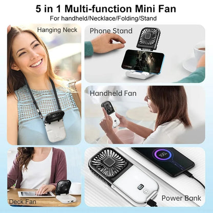 Folding handheld fan USB charging digital display outdoor mini neck hanging power bank fan，gift