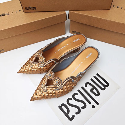 Women Sandals 2025 Spring Melissa Woman Slingback Shoes Fashion Ladies High Heels Elegant Med Heel Pointed Toe Slip on Sandal