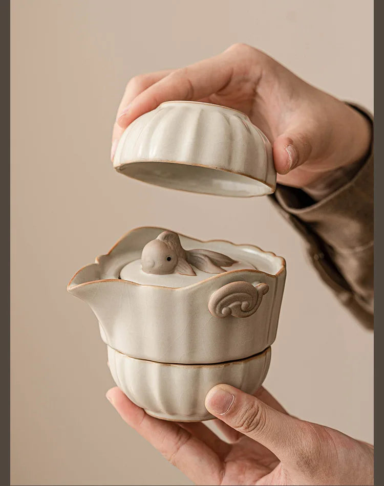 Beige Ru Ware Travel Tea Set Portable Outdoor One Pot Two Cups Porcelain Brewing Equipment Suit