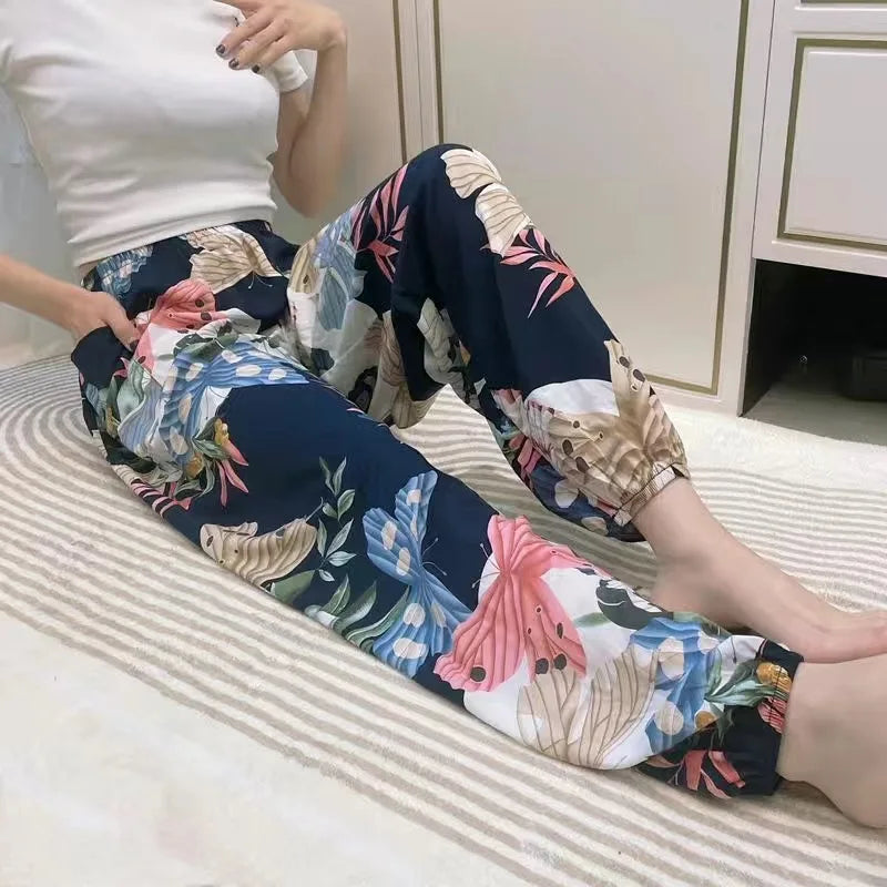 Women's Casual Print Palazzo Pants, Loose Sleep Pyjama Pants, Wide Leg, Thin Shorts, Cropped Pants, Summer Outdoor, ouc1143