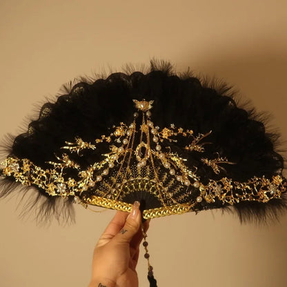 Feather Fan Lolita Dance Cheongsam Catwalk Show Folding Fan Retro Nostalgic Hanfu Fairy Lace Fan