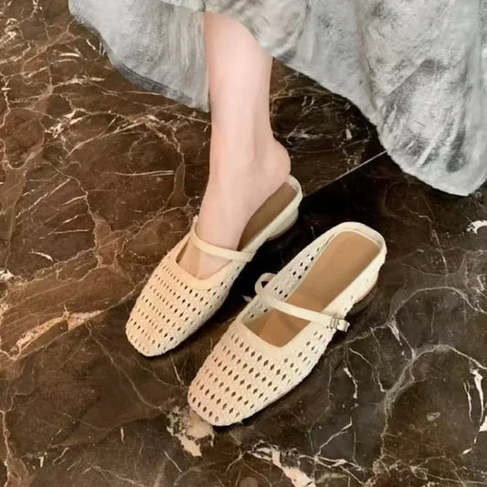 Fashionable slippers, women's hollow toe half-slippers, 2025 summer new square-toed low-heel comfortable women's shoes