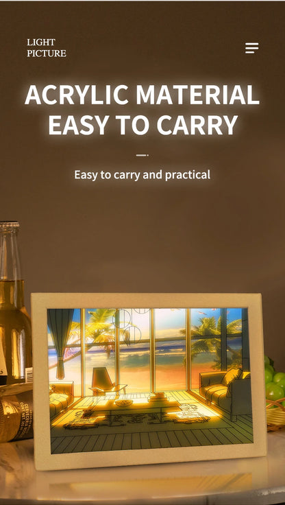 Beautiful LED Light Painting Indoor Sunlight Window Wooden Photo Light Dimming Wall Artwork Table Lamp Home Decor Night Lamp