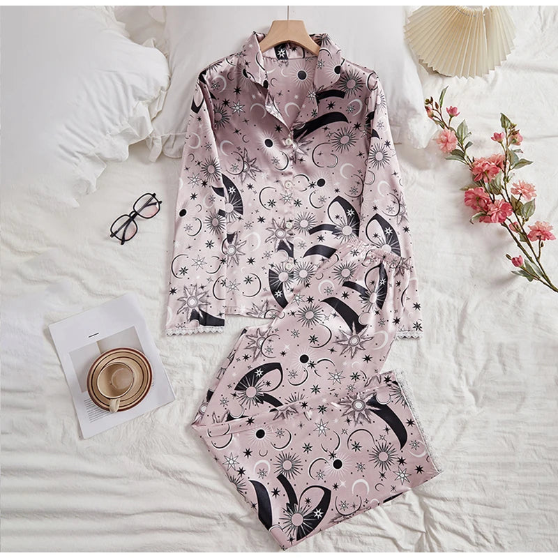 Women's sleepwear two piece set spring autumn satin long sleeved top long pants two piece set casual  comfortable home suit set