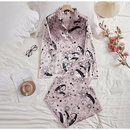 Women's sleepwear two piece set spring autumn satin long sleeved top long pants two piece set casual  comfortable home suit set