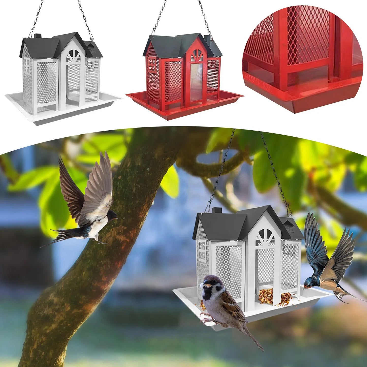Bird Feeders For Outdoors Metal Bird Garden Feeders Rain/Wind-Proof Cottage Bird Feeder Large-Capacity Bird Food Feeder