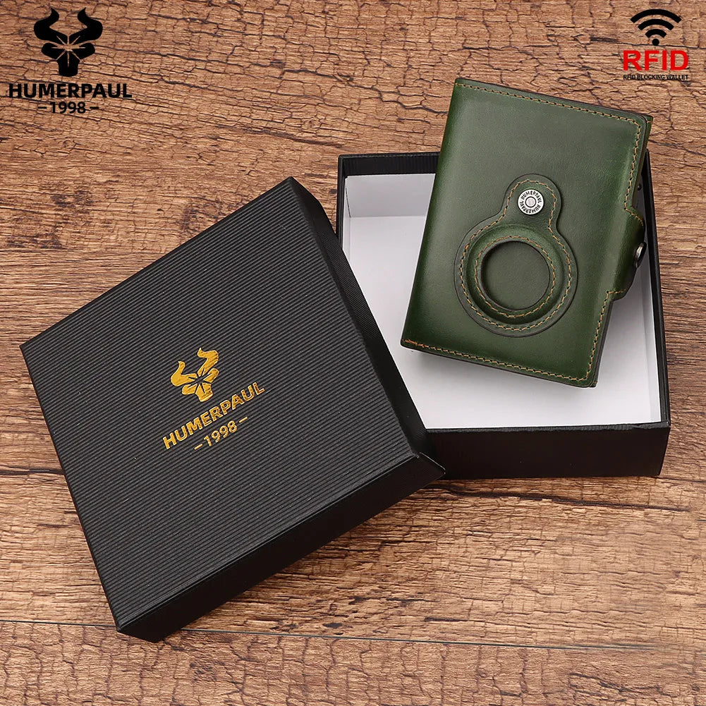 Cowhide Leather Men's Wallet RFID Blocking Protect Cardholder Automatic Card Case for Women with Apple AirTag Holder