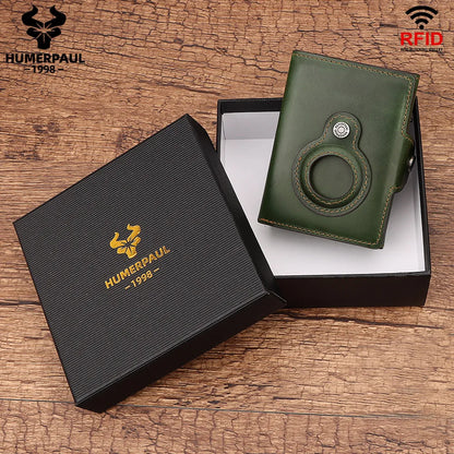 Cowhide Leather Men's Wallet RFID Blocking Protect Cardholder Automatic Card Case for Women with Apple AirTag Holder