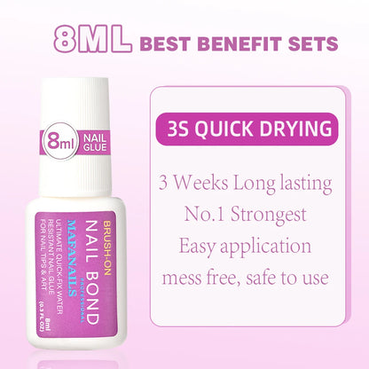 8ML Strong Nail Glue for Press on Nails Adhesive Broken Nail Repair Brush-on Nail Glue Rhinestone Charms Acrylic Tips Bond Glue