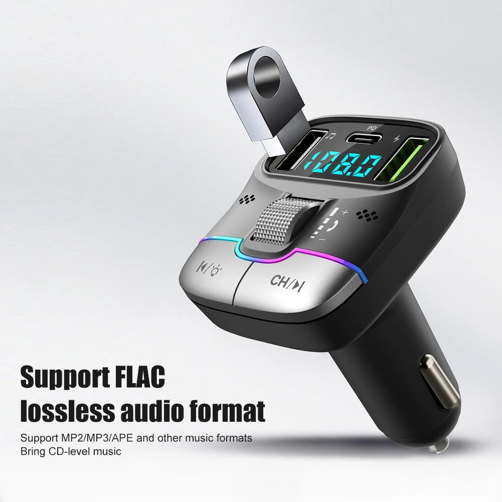Bluetooth 5.3 Car FM Transmitter Wireless Bluetooth Car Adapter MP3 Player Handsfree Call Dual USB PD Fast Charger Roller Wheel