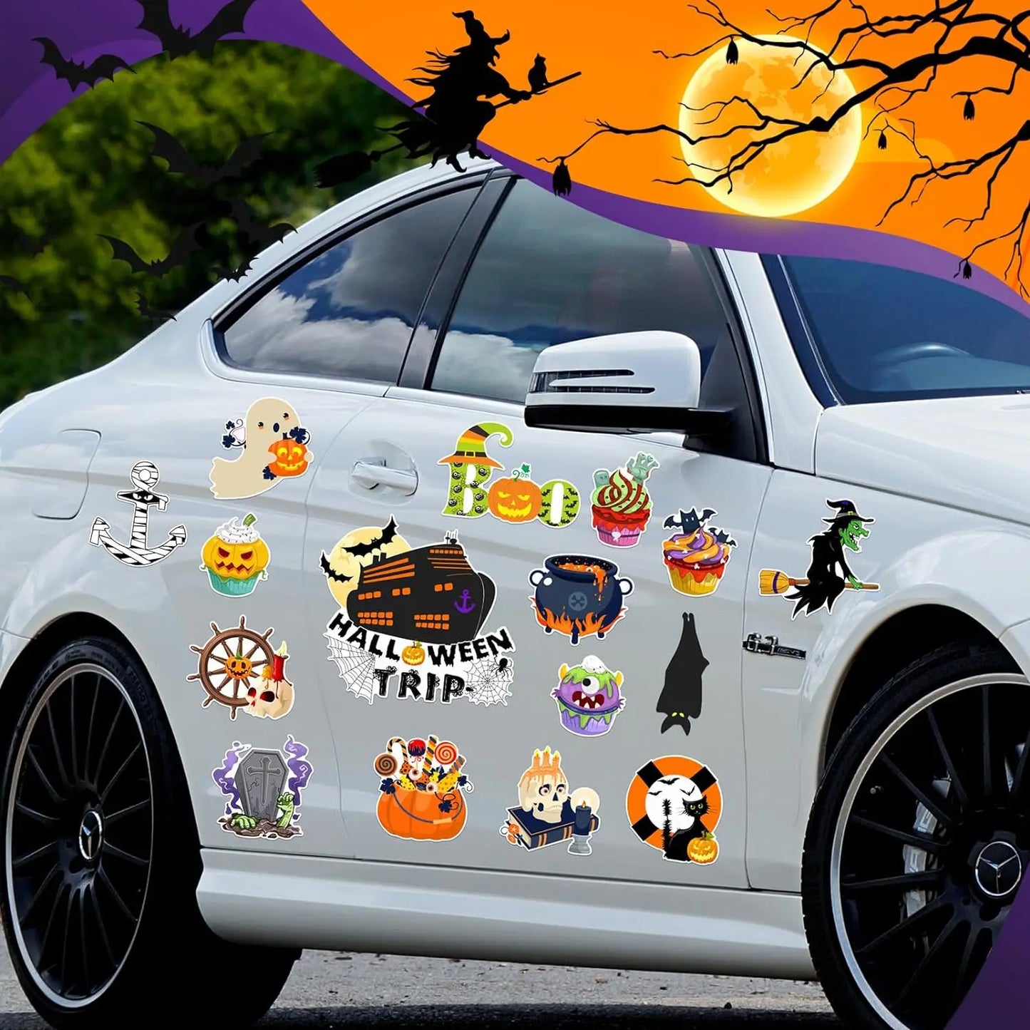 16 Pcs Halloween Cruise Door Decorations Magnetic Halloween Car Magnets Anchor Life Preserver Pumpkin Bats Skeleton Magnets for
