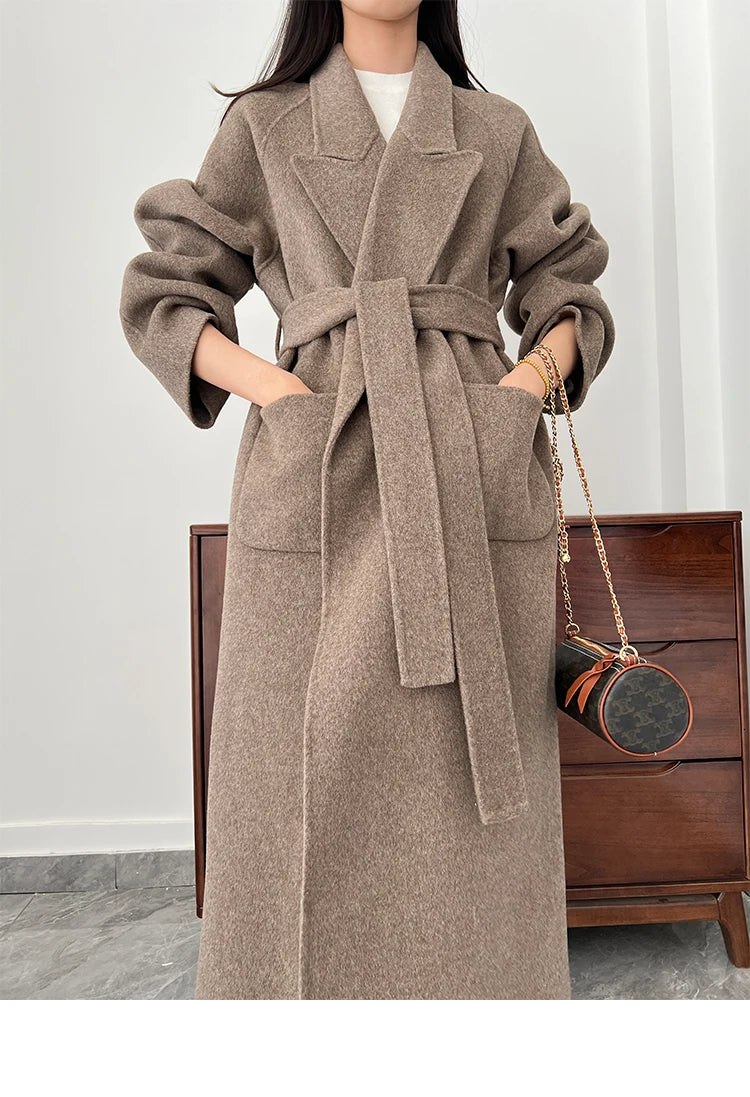 Office Lady Woolen Jackets 2024 Autumn And Winter Bathrobe Style Pocket Double-Sided Loose Lace -Up Tie Women's Long Wool Coats