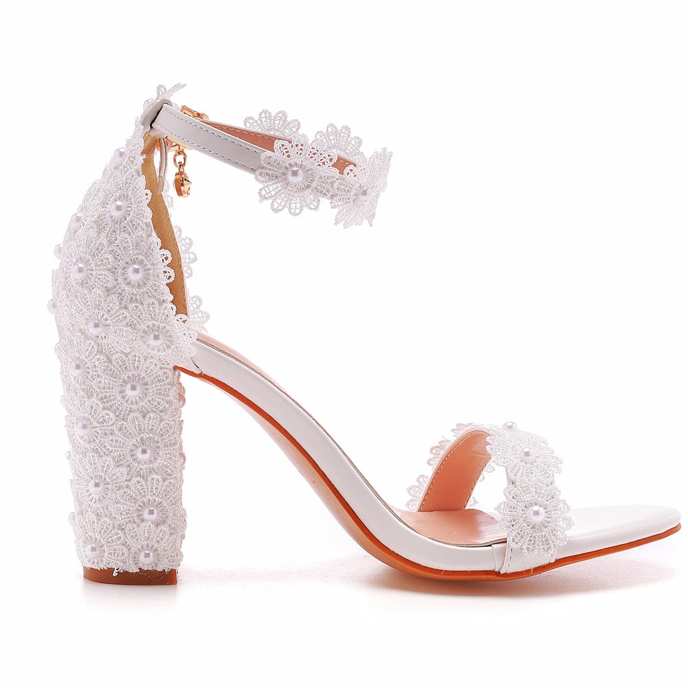 Crystal Queen Wedding Shoes Bride Elegant White Lace Pearl Design High Heels Women's High Heels Bride Wedding Shoes