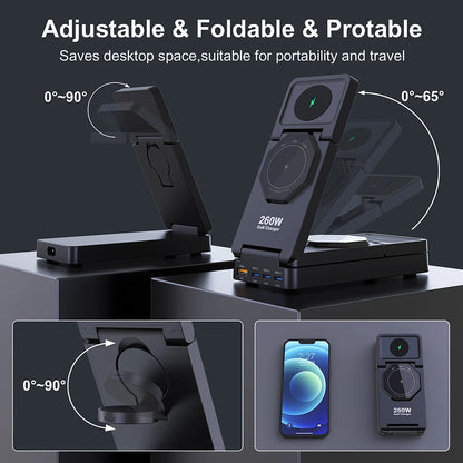 7-in-1 Charging Station 260W GaN Fast USB C Desktop Charger 15W Magnetic Wireless Charger for iPhone 16/15 Pro Max MacBook Pro