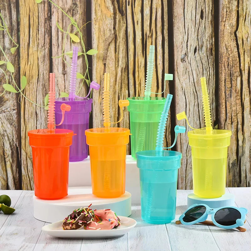 8/16/24pcs Neon Sipper Cups, Spill-Proof Cups with Lids and Straws - Ideal for School Events, Themed Parties, and Birthday Party