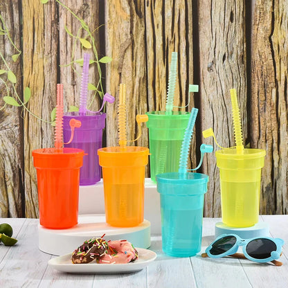 8/16/24pcs Neon Sipper Cups, Spill-Proof Cups with Lids and Straws - Ideal for School Events, Themed Parties, and Birthday Party