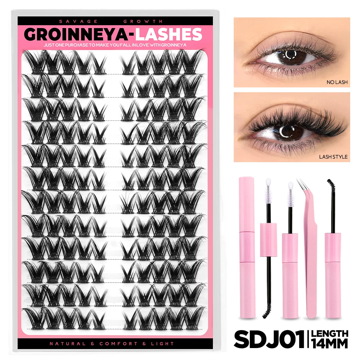 GROINNEYA Lash Clusters Kit DIY Lash Extension Volume Waterproof Individual Lashes Clusters Kit Lash Bond & Seal & Lash Tweezers
