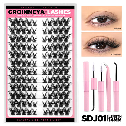 GROINNEYA Lash Clusters Kit DIY Lash Extension Volume Waterproof Individual Lashes Clusters Kit Lash Bond & Seal & Lash Tweezers