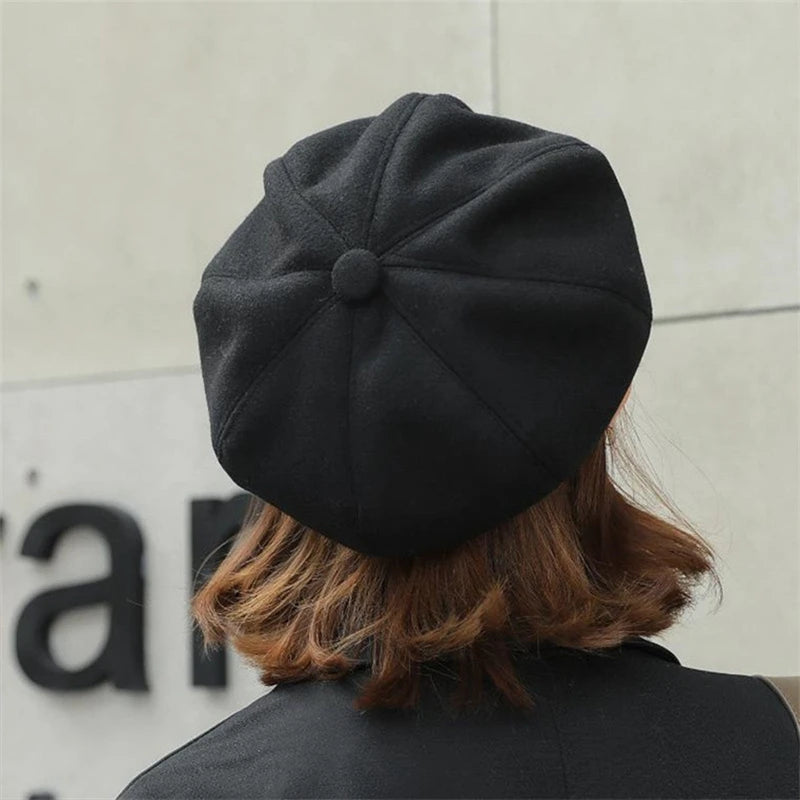 Women's Hat Autumn Warm Octagonal Hat Woolen Cloth Casual Beret Cap Solid Artist Painter Newsboy Hat Men Cap Boina