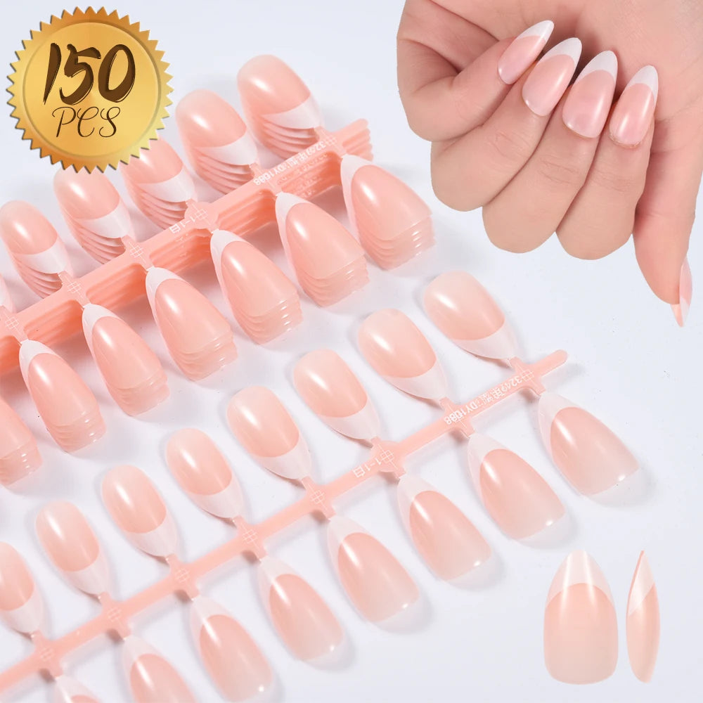 150Pcs Pre-made French False Nails Scarless Coffin Almond Fake Nail Artificial Fingernails Press on Nails for Nail Extension