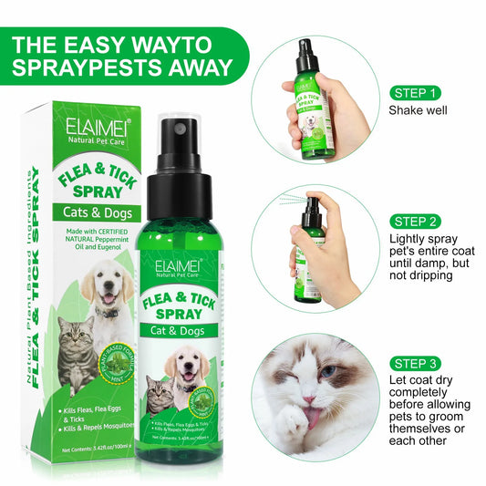 100ml Natural Pet Care Topical Flea&Tick Spray for Dogs&Cats with Fresh Fragrance Peppermint Oil and Eugenol