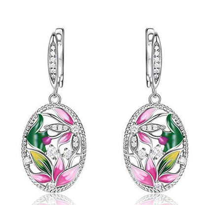 Huitan Creative Design Pink Flowers Enamel Earrings for Women Silver Color Luxury Crystal CZ Green Leaf Earrings Fashion Jewelry