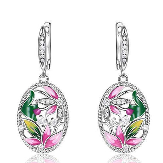 Huitan Creative Design Pink Flowers Enamel Earrings for Women Silver Color Luxury Crystal CZ Green Leaf Earrings Fashion Jewelry