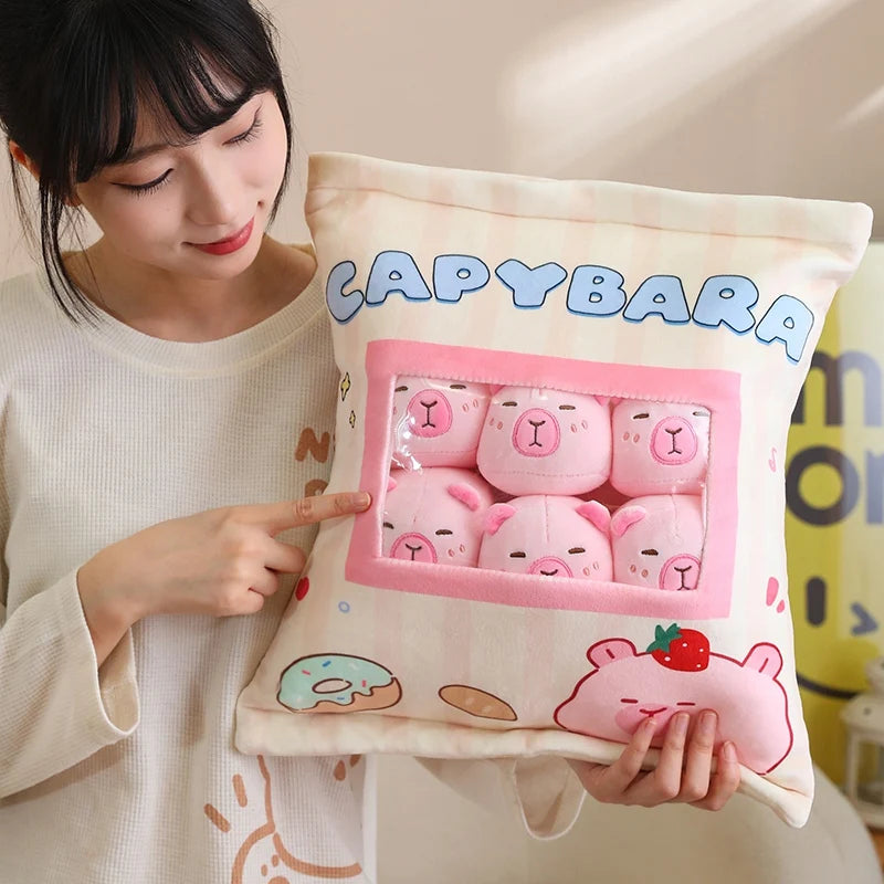 A Plushies Bag Pudding Toys Puff Balls Mini Cute Stuffed Animal Capybara Doll Removable Set Plush Pillow Snack Cushion Kids Gift