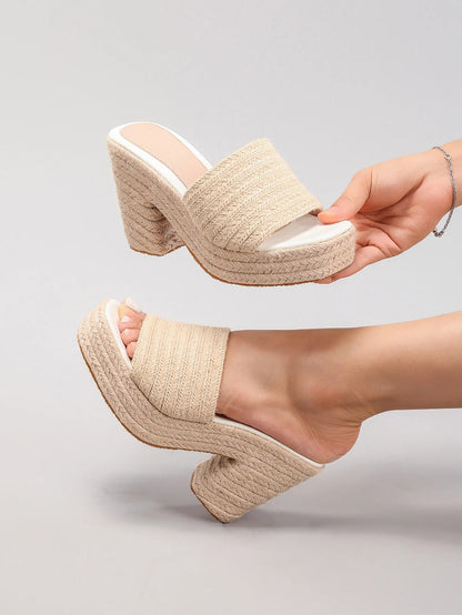 Women's hemp rope platform sandals braided grass summer waterproof high heels European and American style