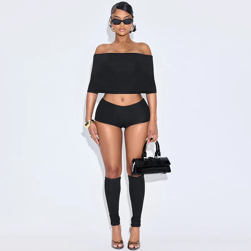 Women's clothing 2025 summer sexy one-shoulder lapel top tight shorts calf socks three-piece suit club clothing Vestidos