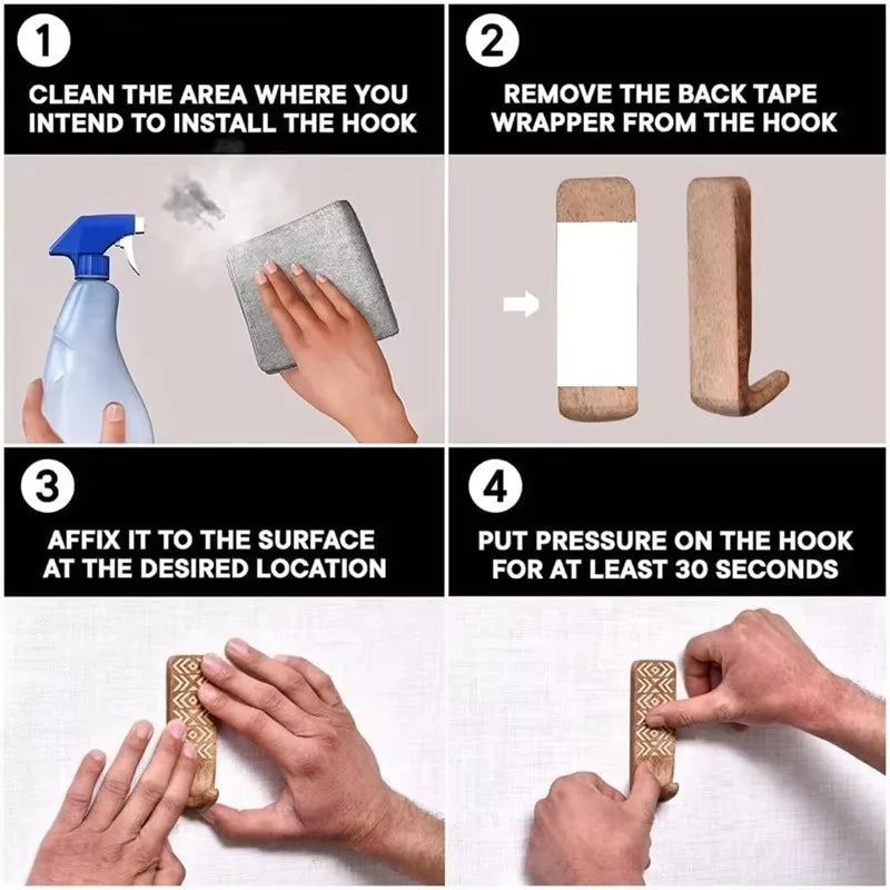 Non-Destructive Wood Wall Hooks - Adhesive Wall Hooks - Boho Decorative Wall Hooks