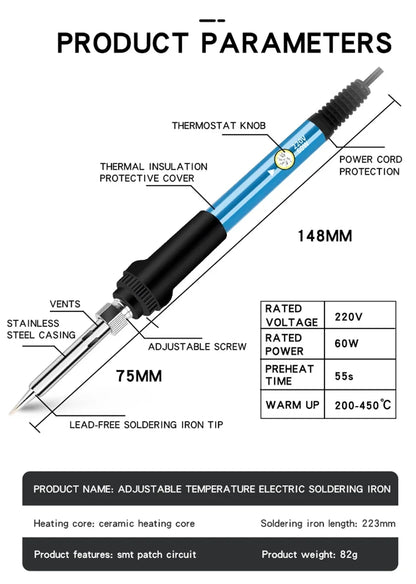 New Electric Soldering Iron 60W Adjustable Temperature Replaceable Soldering Iron Head Soldering Iron Pen Welding Kit