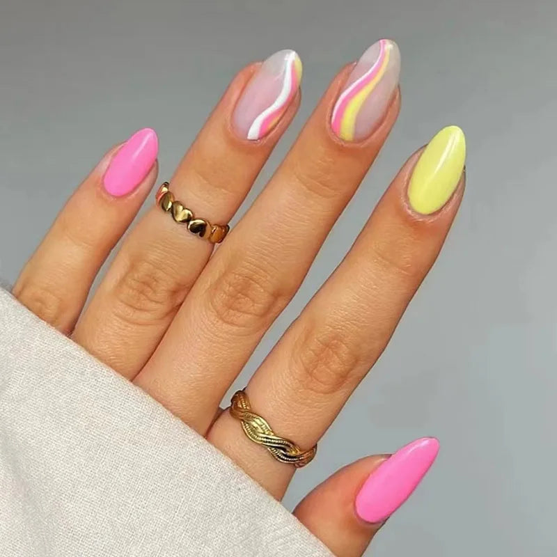 24pcs French Rainbow Fake Nails Simple Almond False Nails Art Waterproof Removable Artificial Press on Nail with Accessories