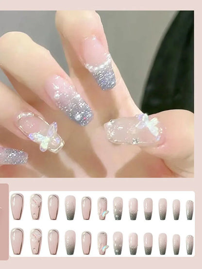 24Pcs Press on Nails Long with Designs Pink Rhinestones False Fake Nails Press On Coffin Artificial Nails for Women Stick on